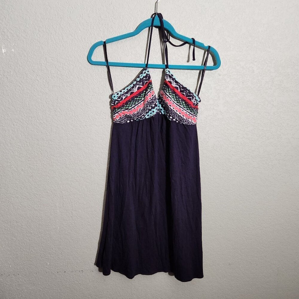 Womens Halter-Style Summer Dress With Geometric Patterned Top & Solid Navy Skirt